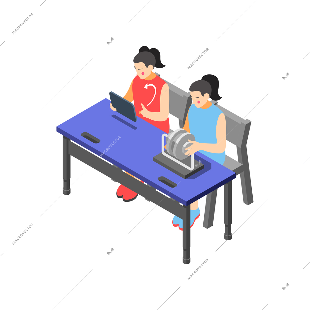 Children technical training centers  isometric compositions set with robotic control systems programming science classes isolated vector illustration