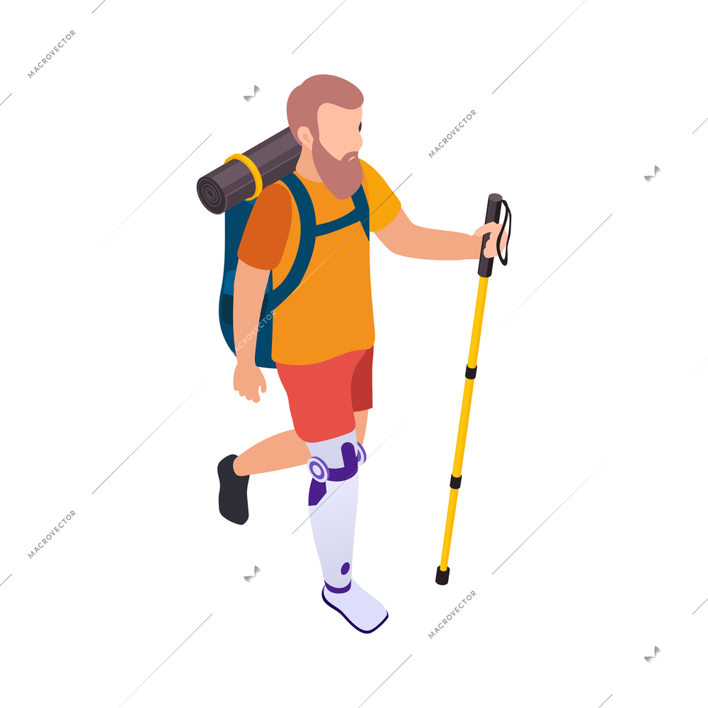 Disabled people isometric composition with human character of hiker with artificial leg vector illustration