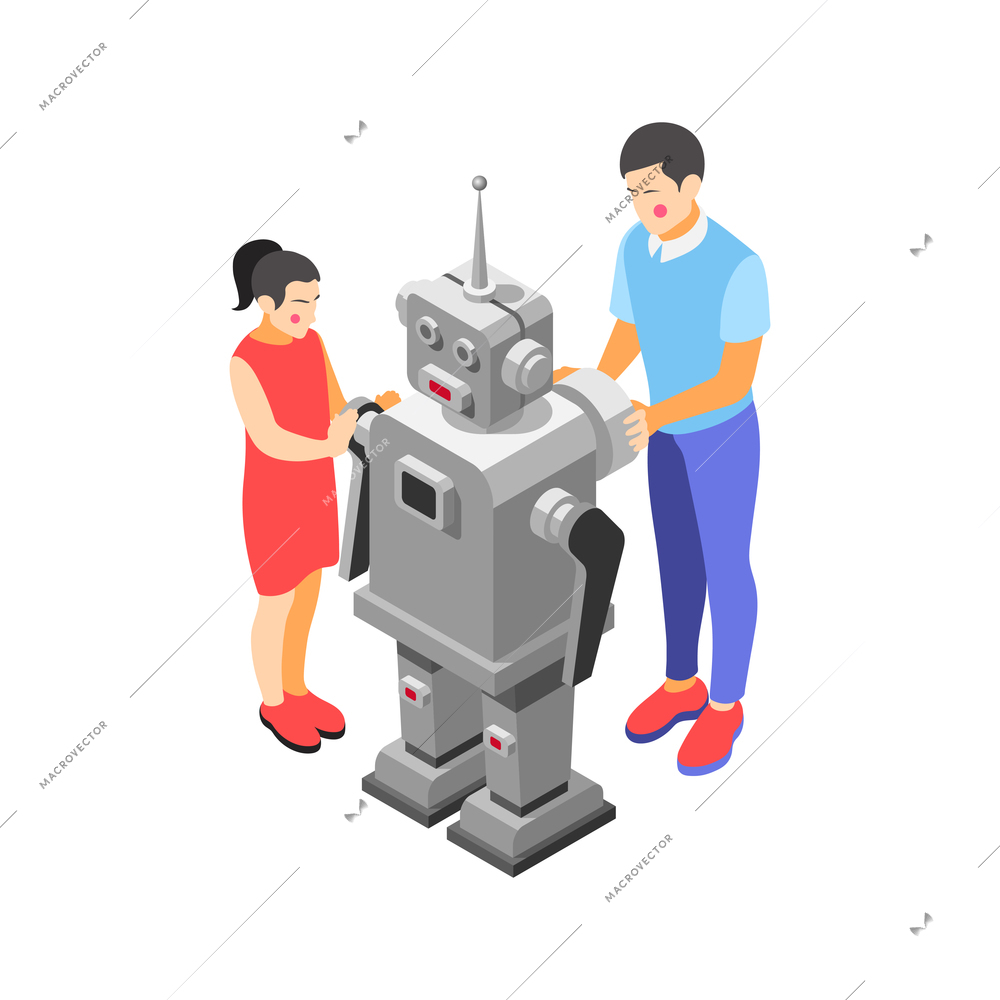 Children technical training centers  isometric compositions set with robotic control systems programming science classes isolated vector illustration