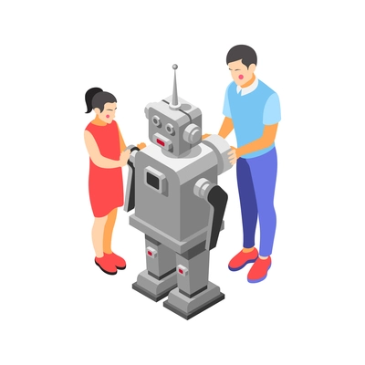 Children technical training centers  isometric compositions set with robotic control systems programming science classes isolated vector illustration