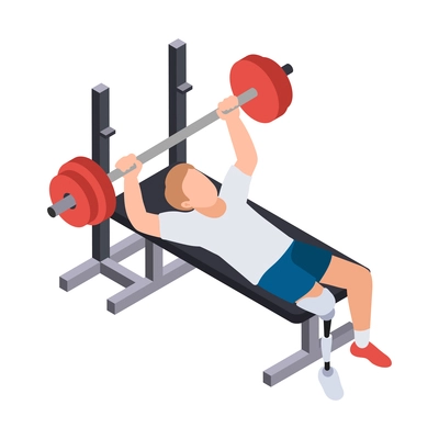 Disabled people isometric composition with human character of athletic man with heavy barbells and artificial leg vector illustration