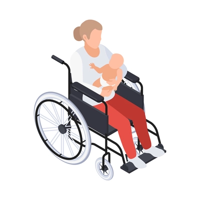 Disabled people isometric composition with human character of woman sitting on wheelchair holding baby in arms vector illustration