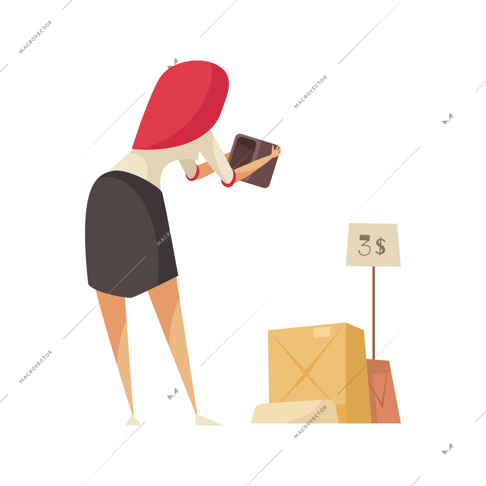 Garage sale object composition with female character holding smartphone and boxes for sale with price tag vector illustration