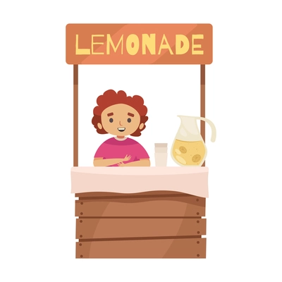 Garage sale object composition with lemonade stall with boy selling drinks at counter vector illustration