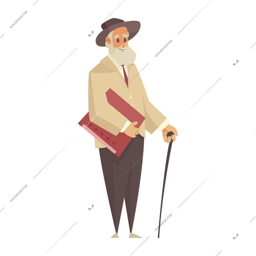 Garage sale object composition with character of old collector with stick vector illustration