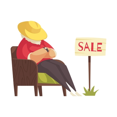 Garage sale object composition with character of seller sleeping on chair during sale vector illustration