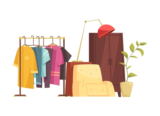 Garage sale object composition with pieces of old furniture and t-shirts hanging on rail vector illustration