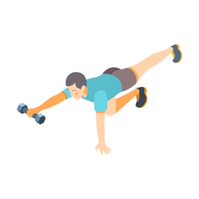 Cardio activity isometric composition with isolated human character of man stretching with dumbbells vector illustration