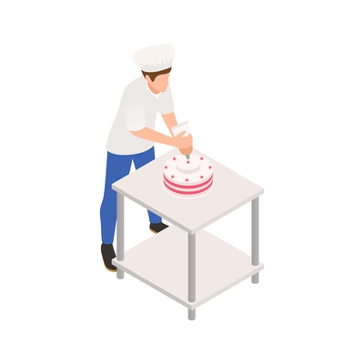 Bakery confectionery pizza isometric composition with male cook pouring cream on round cake vector illustration
