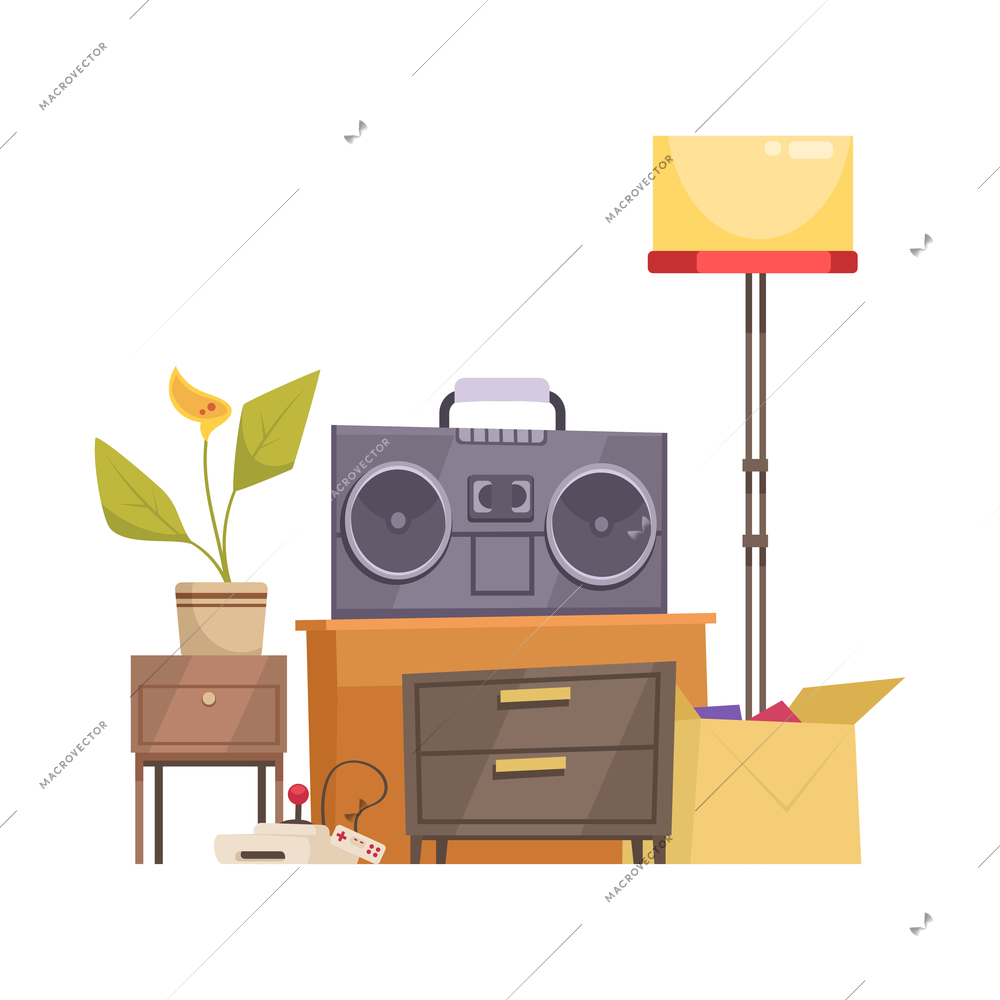 Garage sale object composition with old goods lamp cabinet and boombox with home plant vector illustration