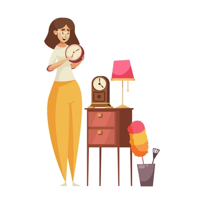 Garage sale object composition with happy woman holding bought bedside clock vector illustration