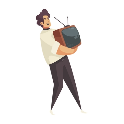 Garage sale object composition with male buyer holding old style tv vector illustration