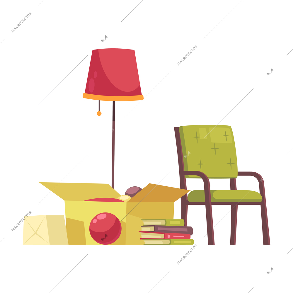 Garage sale object composition with images of chair floor lamp and box with books and ball vector illustration