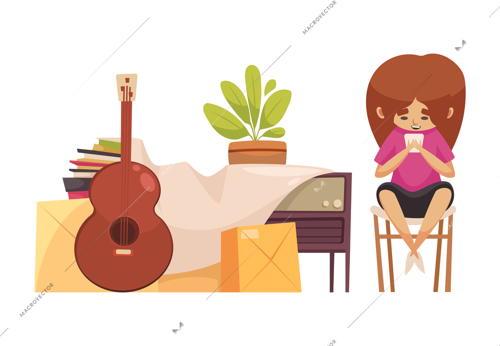 Garage sale object composition with teenager charater selling her guitar old radio and books vector illustration