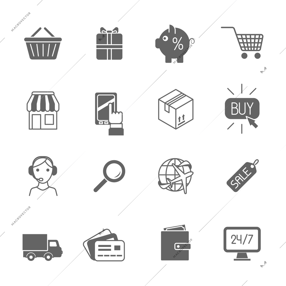 Online shopping e-commerce advertising commercial services black icons set isolated vector illustration