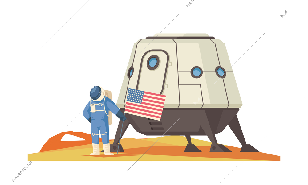 Mars colonization composition with extraterrestrial terrain and spaceship module with astronaut holding american flag vector illustration