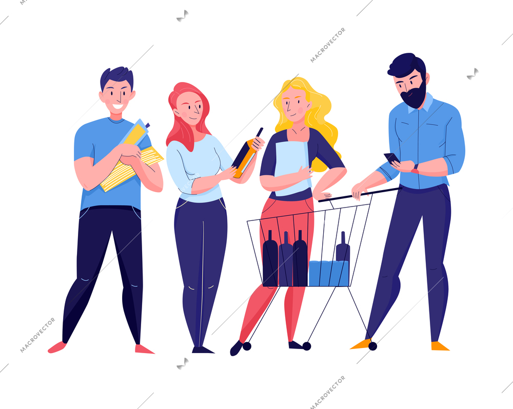Supermarket composition with flat doodle style characters of adult people buying food and drinks vector illustration