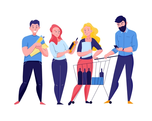 Supermarket composition with flat doodle style characters of adult people buying food and drinks vector illustration