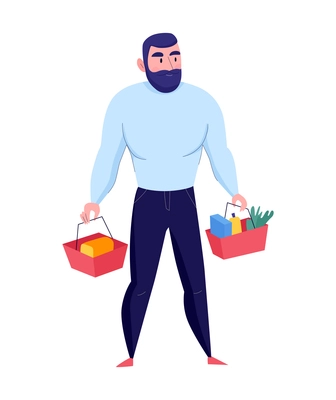 Supermarket composition with flat doodle style character of bearded man with baskets full of products vector illustration