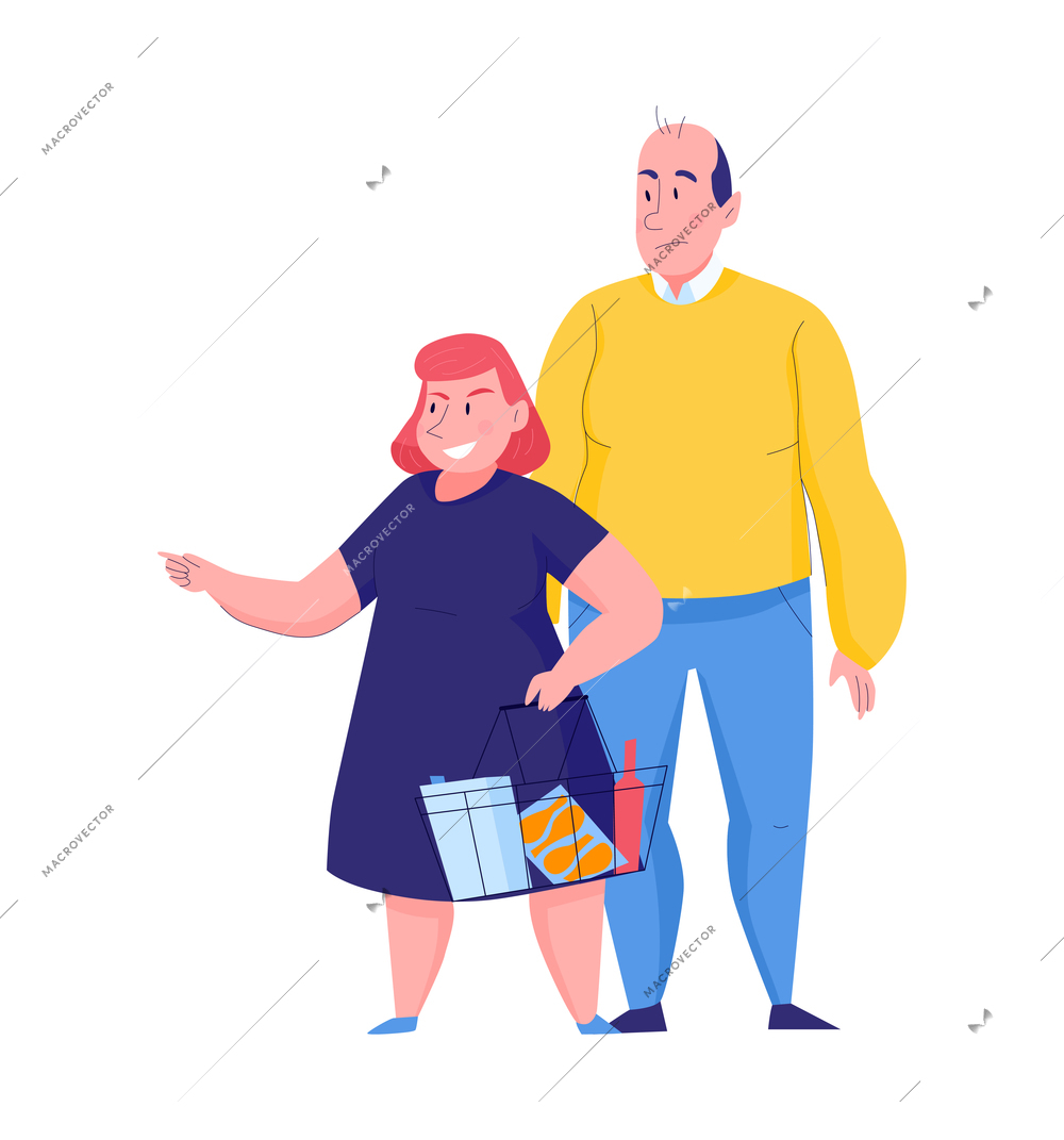 Supermarket composition with flat doodle style characters of wife holding basket with products and husband vector illustration