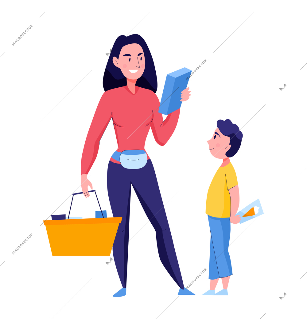 Supermarket composition with flat doodle style character of mother with products in basket and teenage son vector illustration