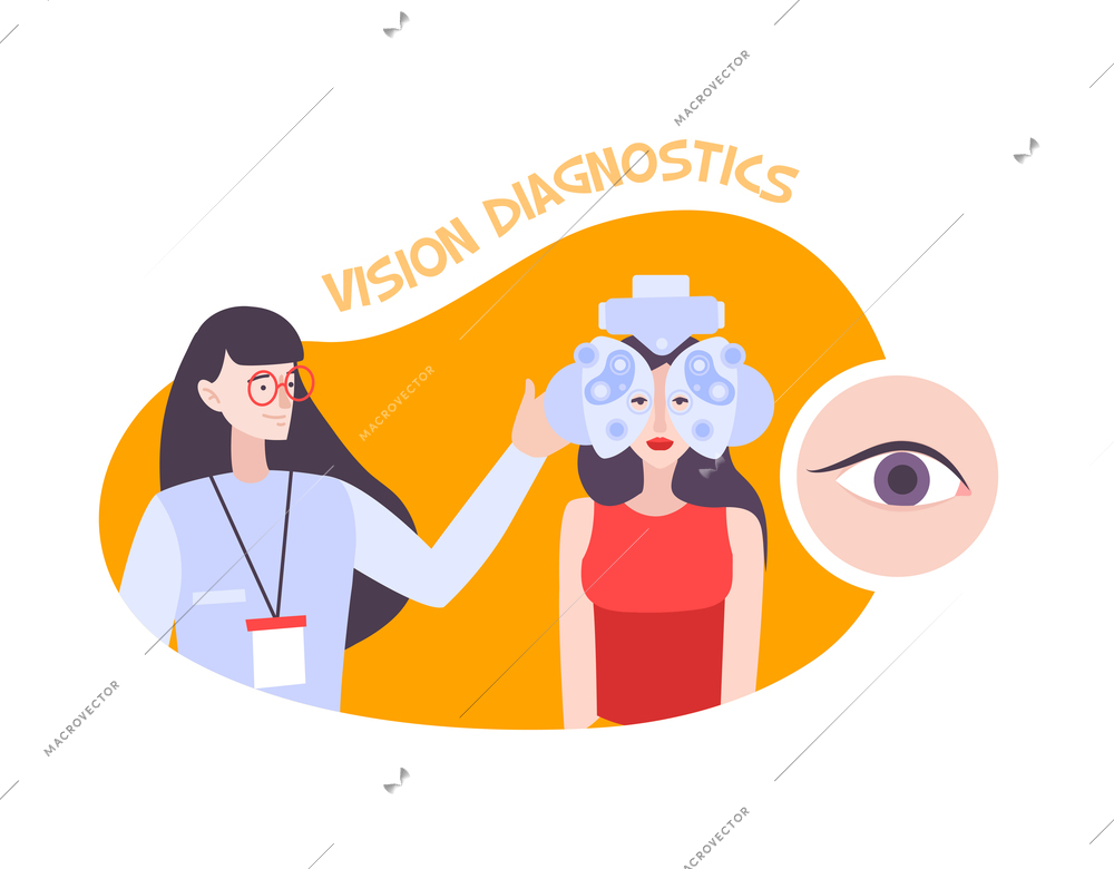 Ophthalmology vision flat composition with text and human characters of patient and doctor vector illustration