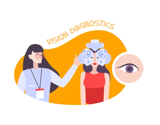 Ophthalmology vision flat composition with text and human characters of patient and doctor vector illustration