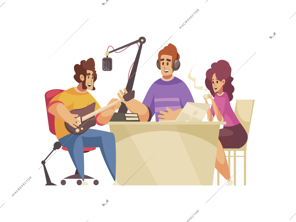 Radio composition with flat characters of radio station employees at working place with guest vector illustration