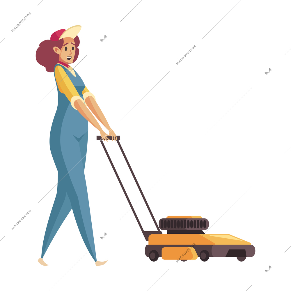 Professional gardener grass shrubbery trees hedges composition with female character of gardener with lawn mower vector illustration