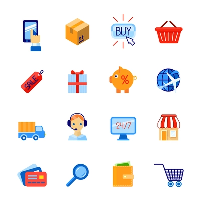 Online shopping e-commerce delivery commercial services flat icons set isolated vector illustration.