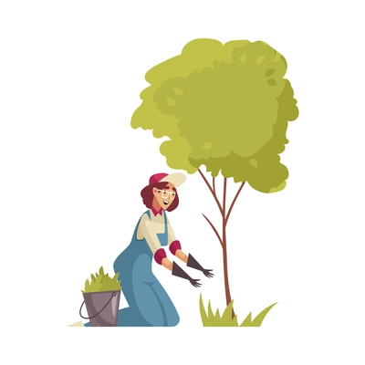 Professional gardener grass shrubbery trees hedges composition with female gardener wearing gloves with bucket vector illustration