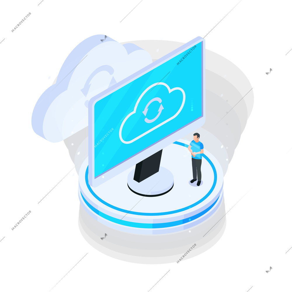 Cloud services isometric composition with computer screen showing cloud sync icon and human character vector illustration