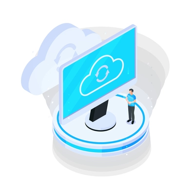 Cloud services isometric composition with computer screen showing cloud sync icon and human character vector illustration