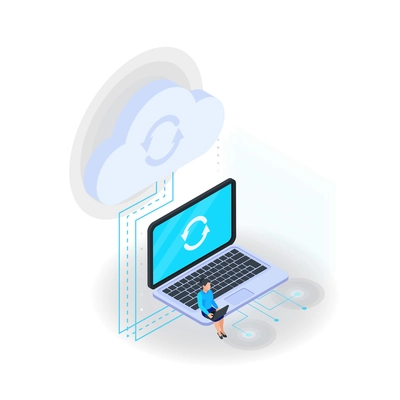 Cloud services isometric composition with icons of laptop connected to hanging cloud with female user character vector illustration