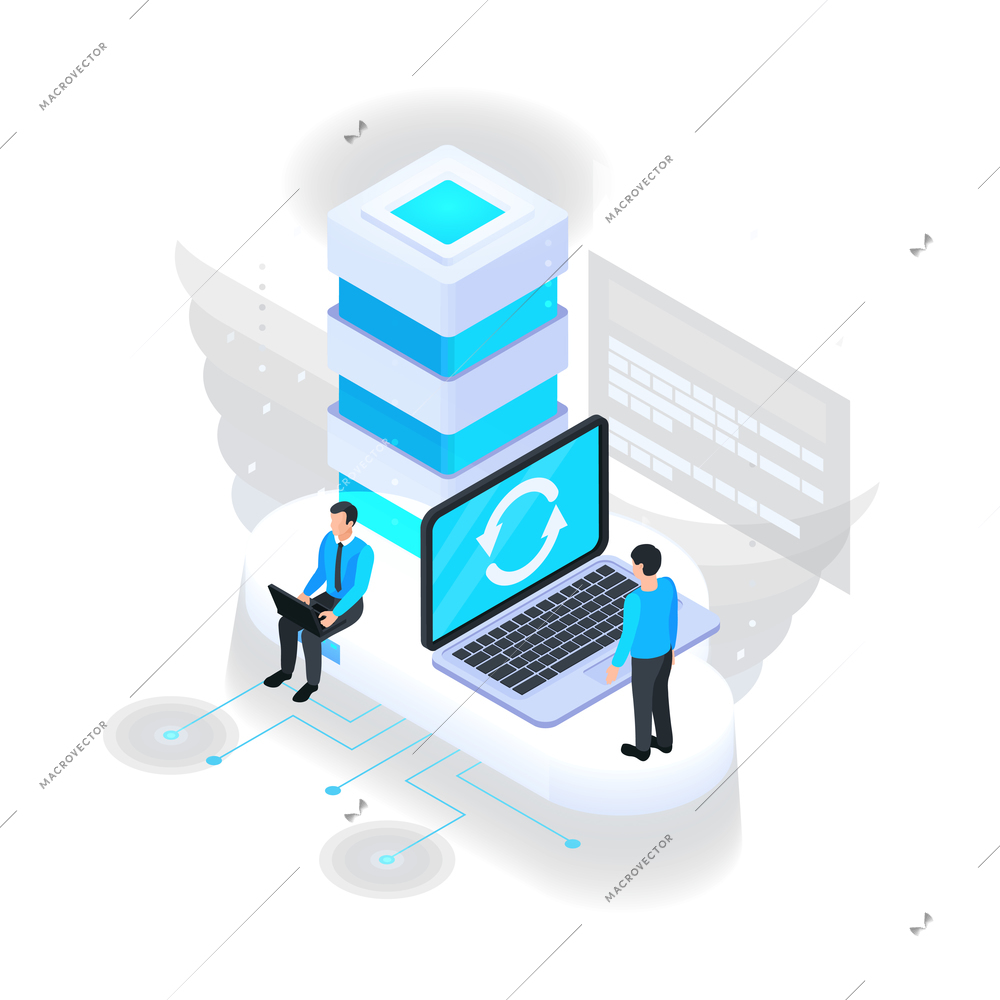 Cloud services isometric composition with icons of server rack with laptop sync icon and characters of users vector illustration