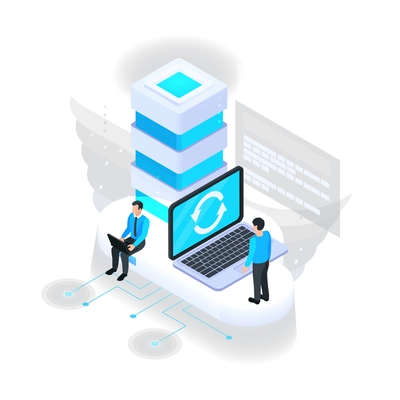 Cloud services isometric composition with icons of server rack with laptop sync icon and characters of users vector illustration