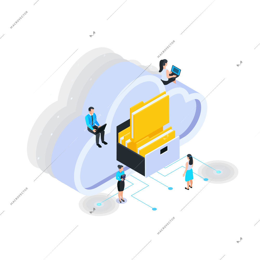 Cloud services isometric composition with icons of folders in cloud box with sitting people vector illustration