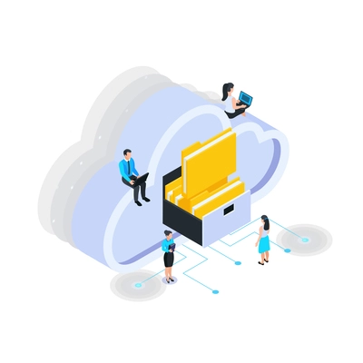 Cloud services isometric composition with icons of folders in cloud box with sitting people vector illustration