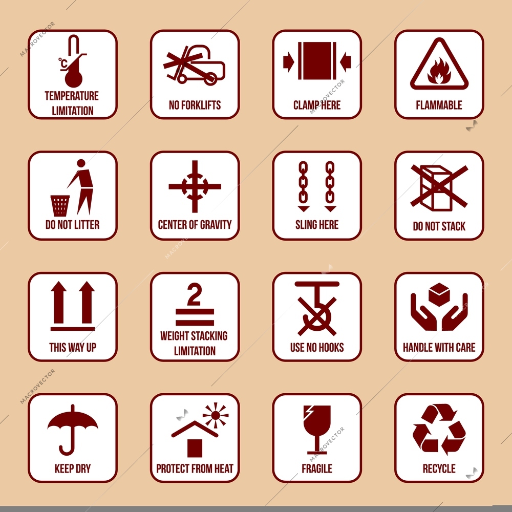 Handling and packing icons set with temperature limitation flammable no stack symbols vector illustration