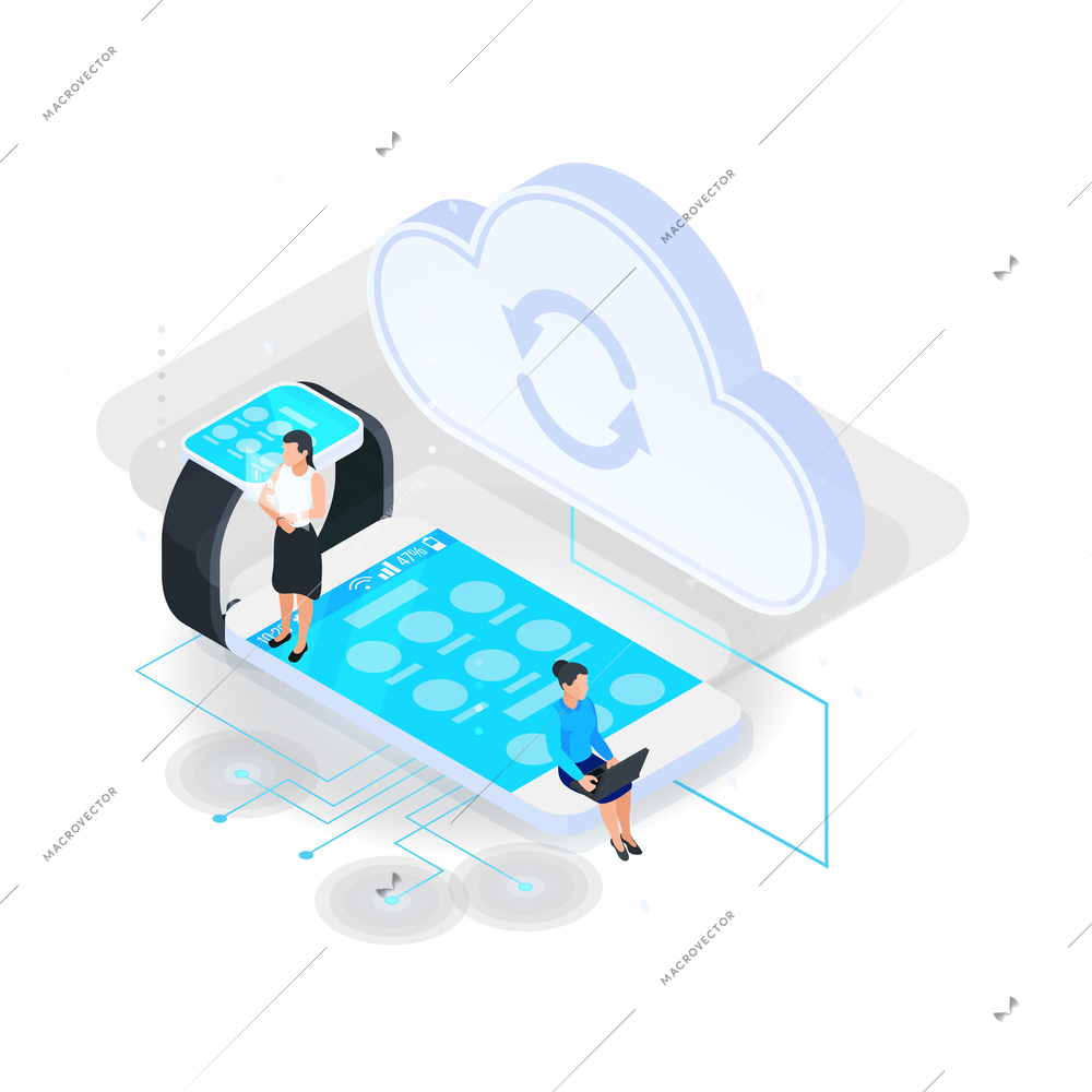 Cloud services isometric composition with icons of electronic gadgets with cloud sync icon and human characters vector illustration