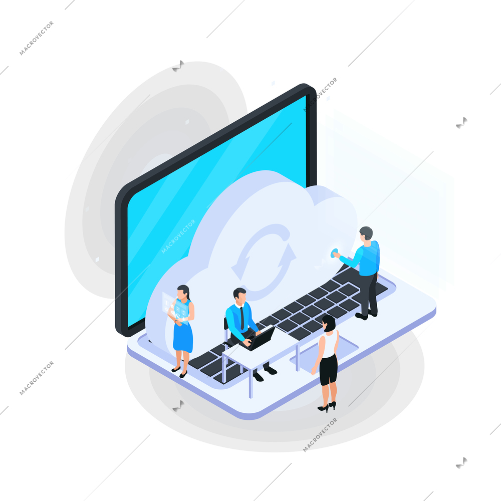 Cloud services isometric composition with image of laptop with small human characters and cloud icon vector illustration