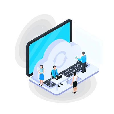 Cloud services isometric composition with image of laptop with small human characters and cloud icon vector illustration
