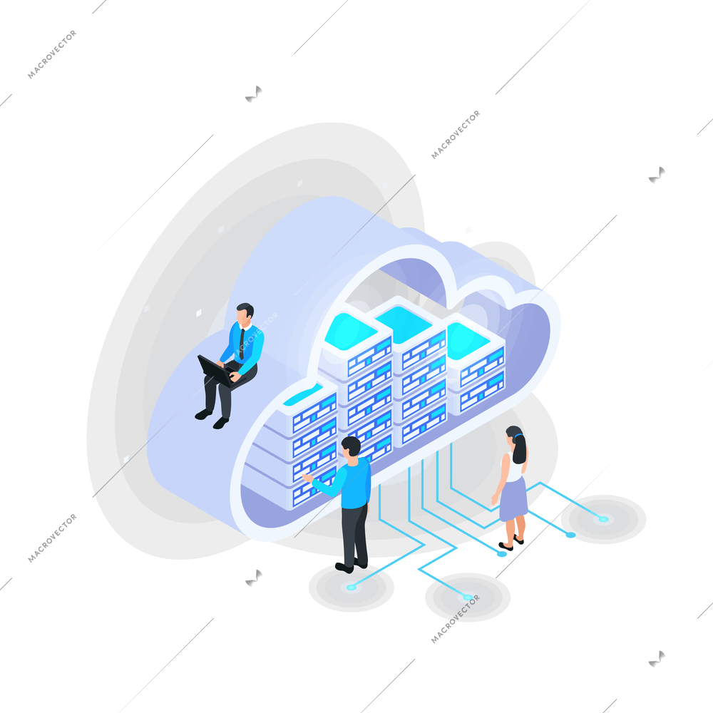 Cloud services isometric composition with icons of server racks inside big cloud with human characters vector illustration