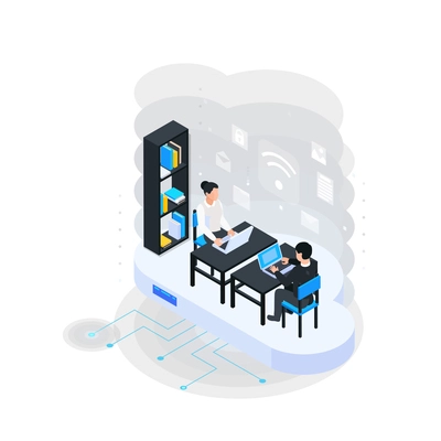 Cloud services isometric composition with characters of coworkers in office room with wireless sync pictograms vector illustration