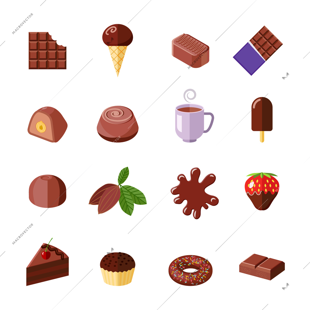 Chocolate candies cakes muffin and donut flat icons set isolated vector illustration