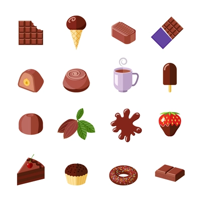 Chocolate candies cakes muffin and donut flat icons set isolated vector illustration