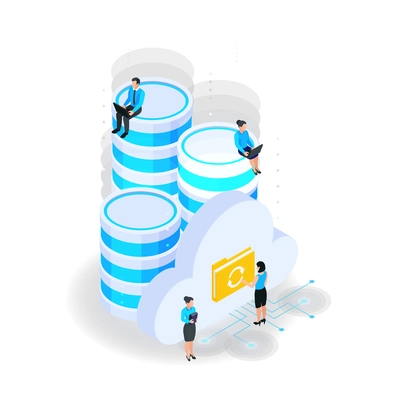 Cloud services isometric composition with icons of server capsules with cloud folder icons and human characters vector illustration