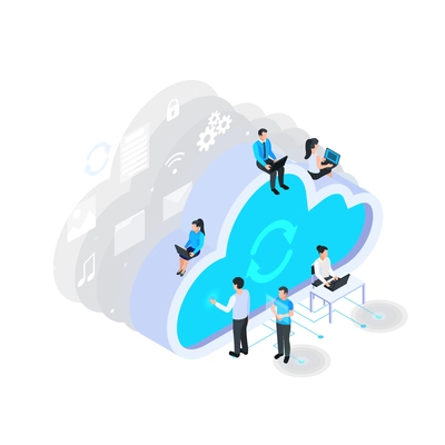 Cloud services isometric composition with small human characters using gadgets computers with cloud pictograms vector illustration