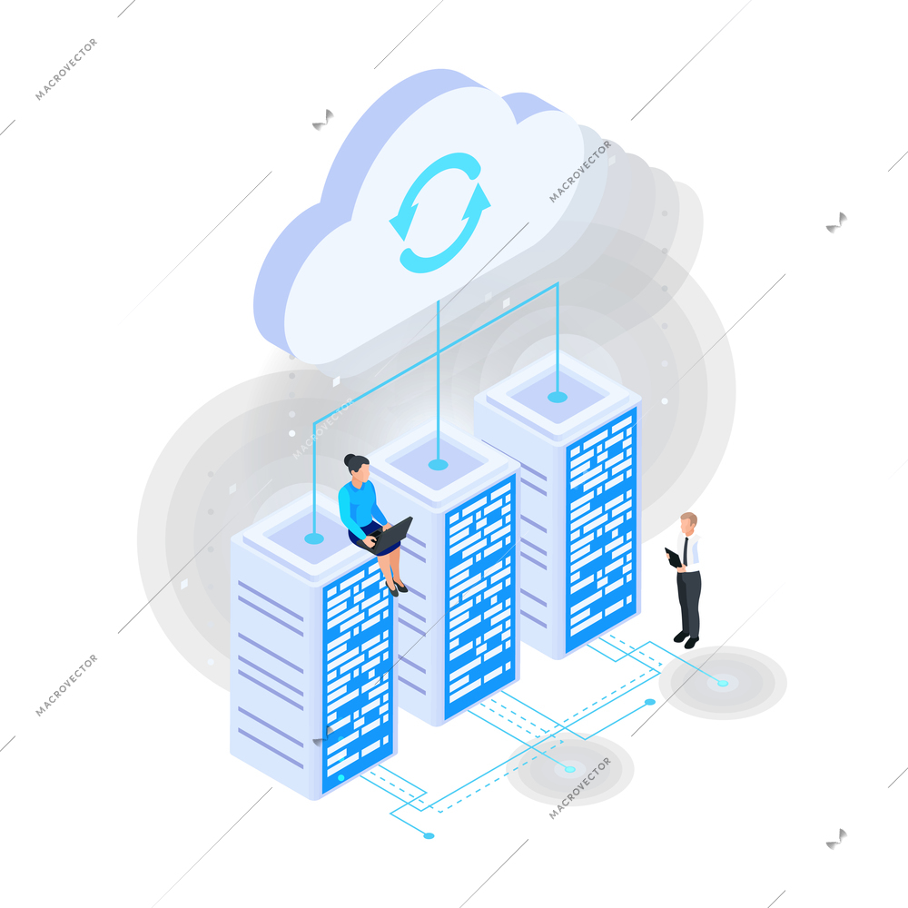 Cloud services isometric composition with cloud connection icons of server racks wired to cloud with sync sign vector illustration