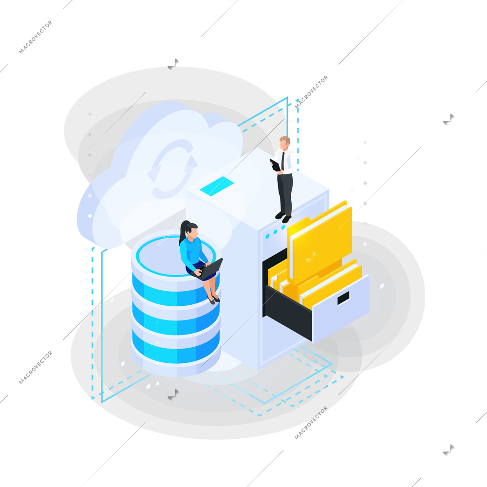 Cloud services isometric composition with characters of working people and cabinet with folders and server capsule vector illustration